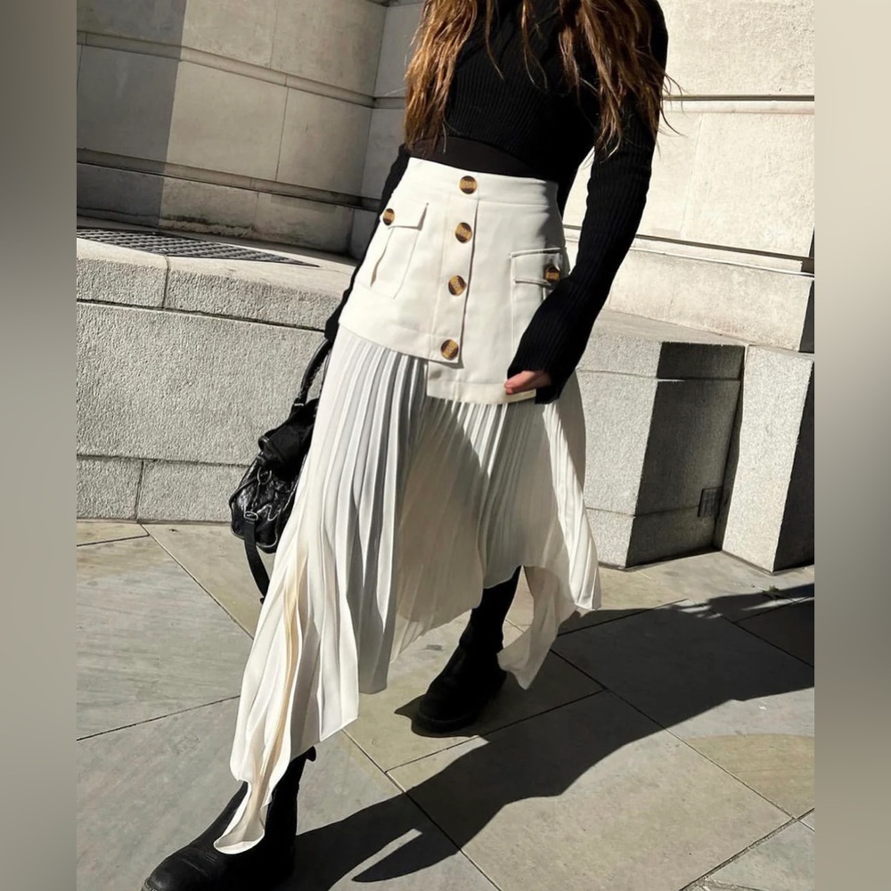 Commense Cream Asymmetrical Pleated Midi Skirt with Buttoned Waist Panel